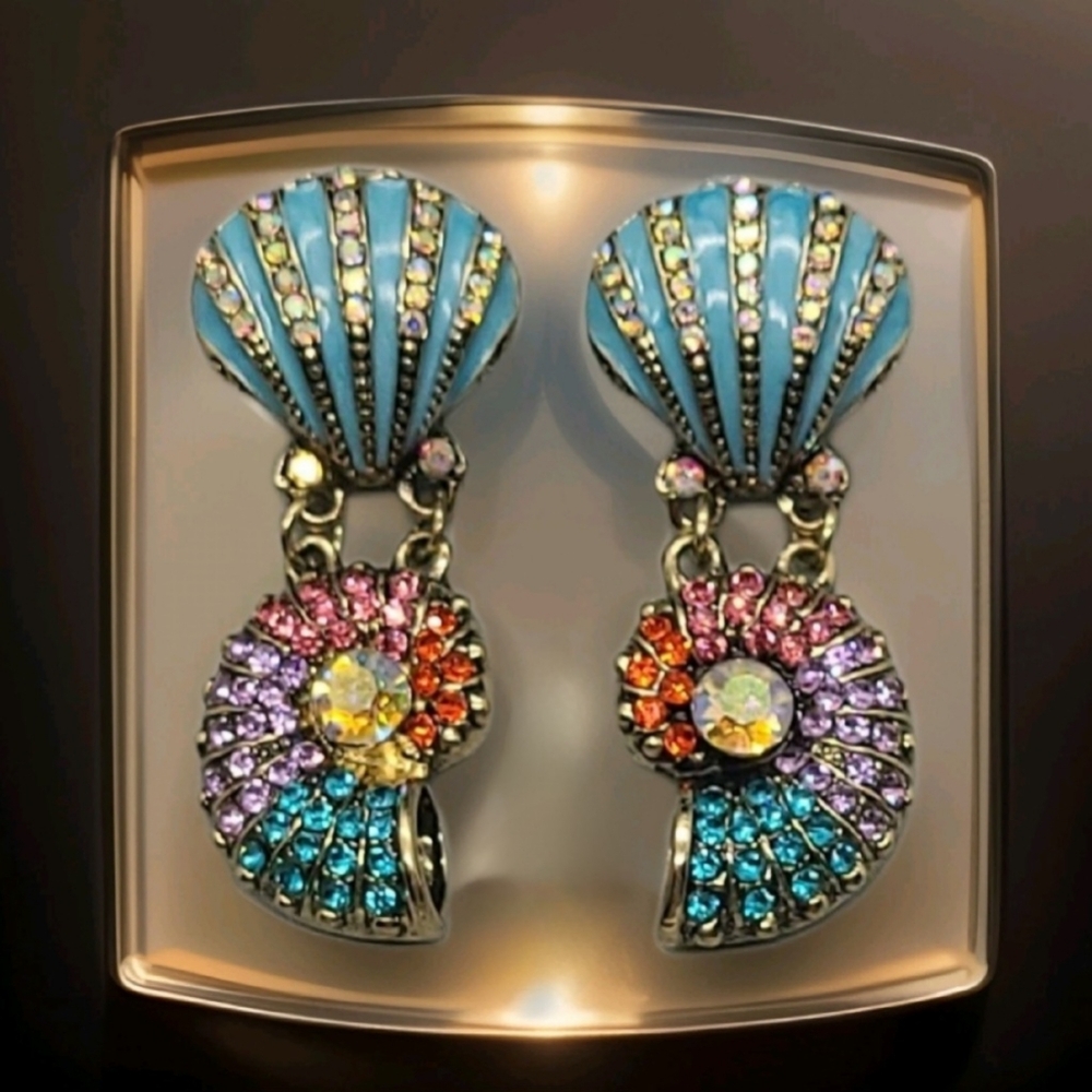 Vintage Estate Vibrant Colorful Crystal Sea Shell Gold Drop Earrings